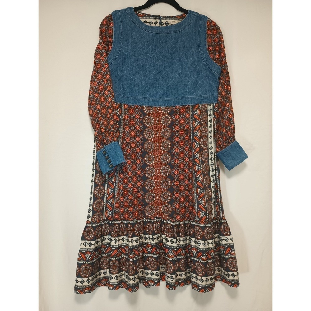 Warm NY Denim Floral Boho Chic Print Long Sleeve Knee Dress Cottage Core